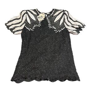 Laurence Kazar Vintage Black Sequin Silk Beaded Blouse M Formal Flutter Sleeve